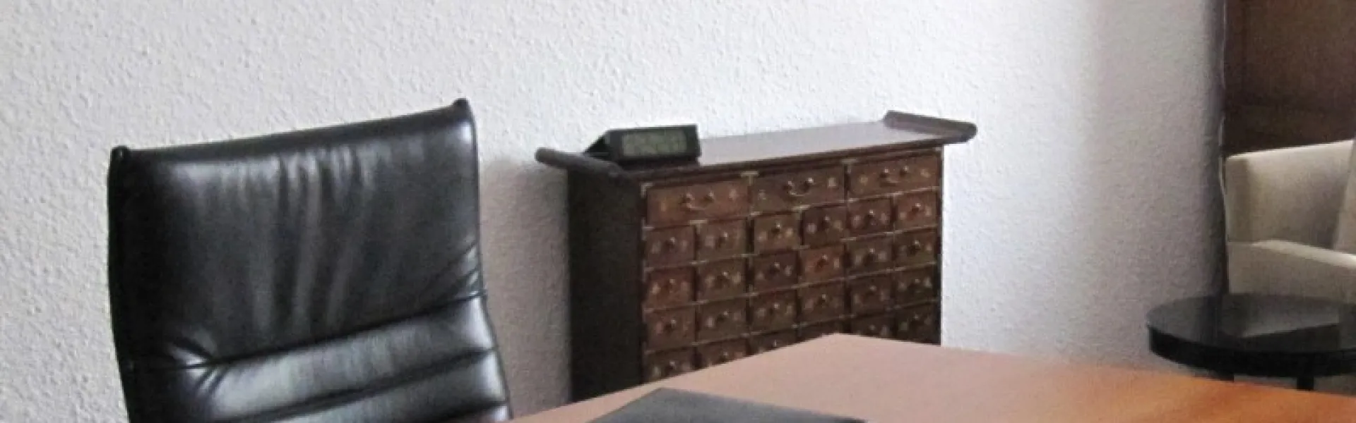 Escritorio de madera y sillones en una consulta luminosa