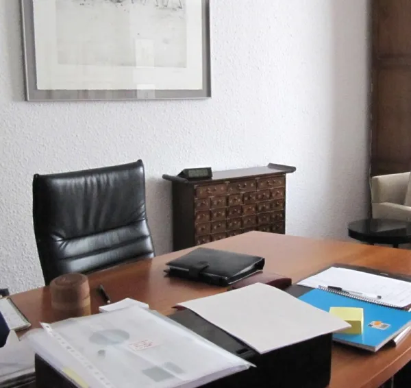 Escritorio de madera y sillones en una consulta luminosa
